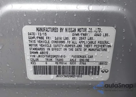 2016 Infiniti Q50 2.0T Base/2.0T Premium z USA, uszkodzony, nr VIN JN1CV7AR2GM251810